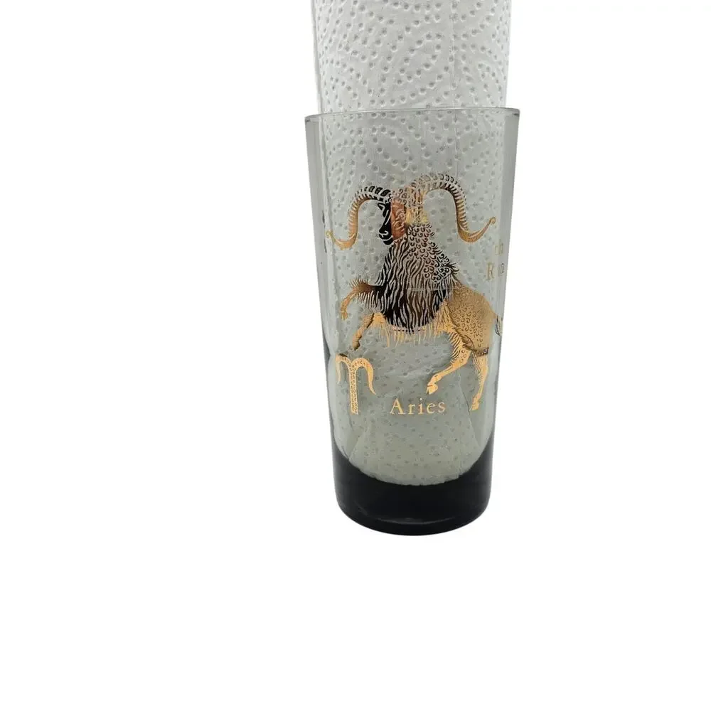 Vintage Federal Glass Aries Zodiac Highball Tumbler Smoked Grey Gold Ram MCM